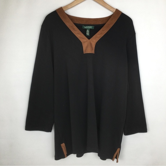 Lauren Ralph Lauren Women’s Tunic Top Black with Brown Faux Suede Trim Size 3X - Picture 2 of 12